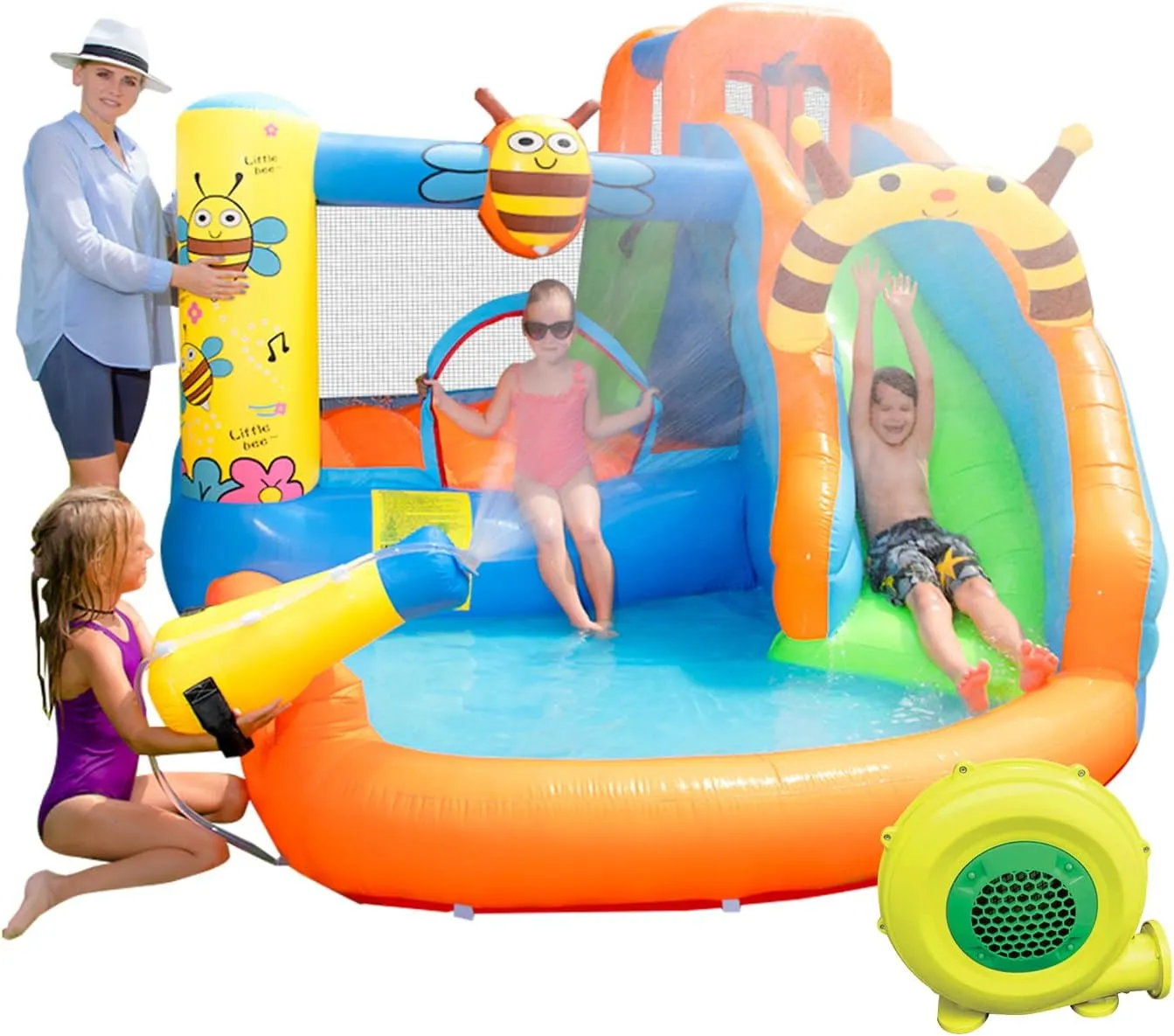 Doctor Dolphin Inflatable Water Slide, Bounce House with Slide for Wet and Dry, Water Bounce House with Blower, Inflatable Water Park Bouncy House for Kids Outdoor Bee Theme Bouncy Castle Water Toy