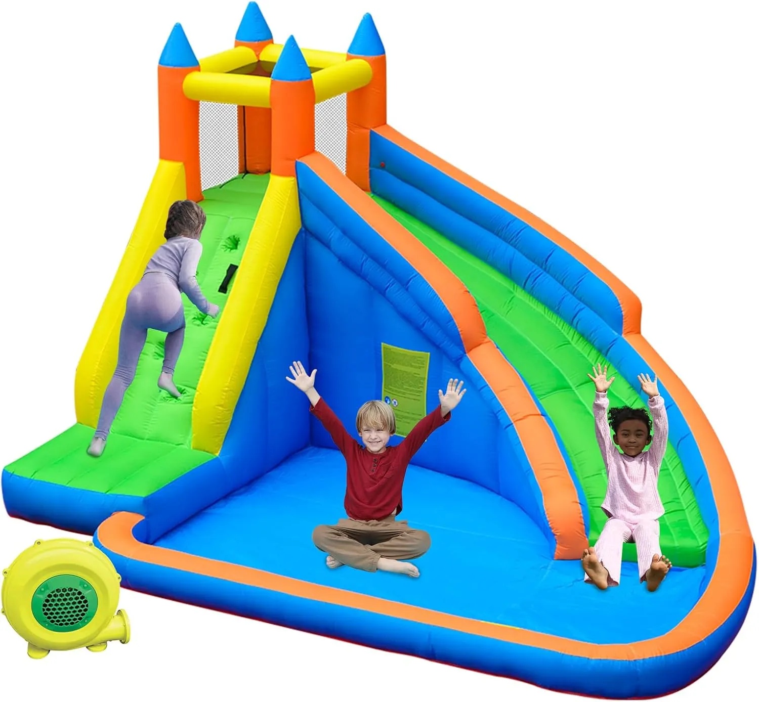 Doctor Dolphin Inflatable Water Slide,Giant Water Slides for Kids Backyard with Climbing Wall Plash Pool, Water Bounce House with Slide, Inflatable Water Park with Air Blower for Outdoor
