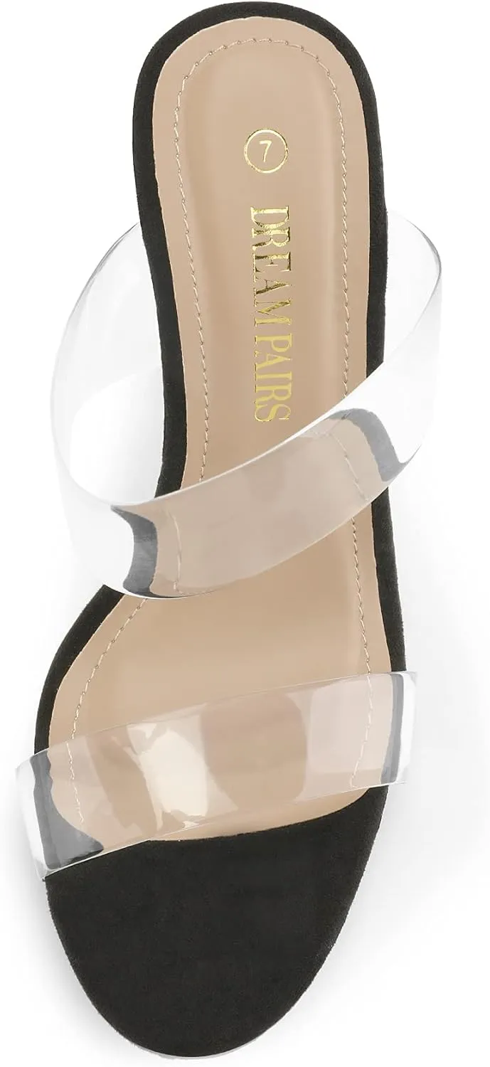 DREAM PAIRS Women's Clear Two Strap Open Toe High Block Chunky Slip on Dress Heel Sandals