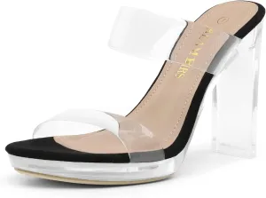 DREAM PAIRS Women's Clear Two Strap Open Toe High Block Chunky Slip on Dress Heel Sandals