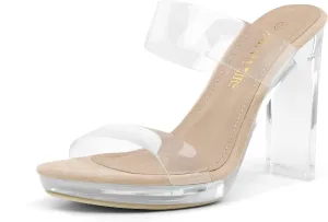 DREAM PAIRS Women's Clear Two Strap Open Toe High Block Chunky Slip on Dress Heel Sandals