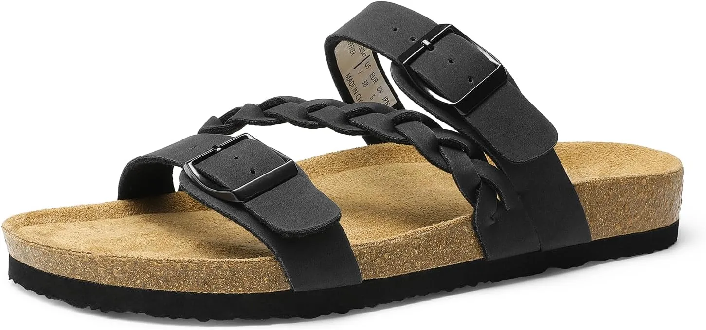 DREAM PAIRS Women's Slides Soft Cork Footbed Sandals Comfortable Walking Slip-on Flat Sandals Arch Support Adjustable Buckle Braided Straps Slippers