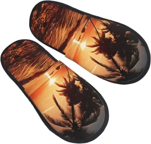 Dusk Tropical Beach Palm Women's Slippers Fuzzy Slip-on Slippers Non-slip House Slippers Warm Cozy Bedroom Shoes Medium