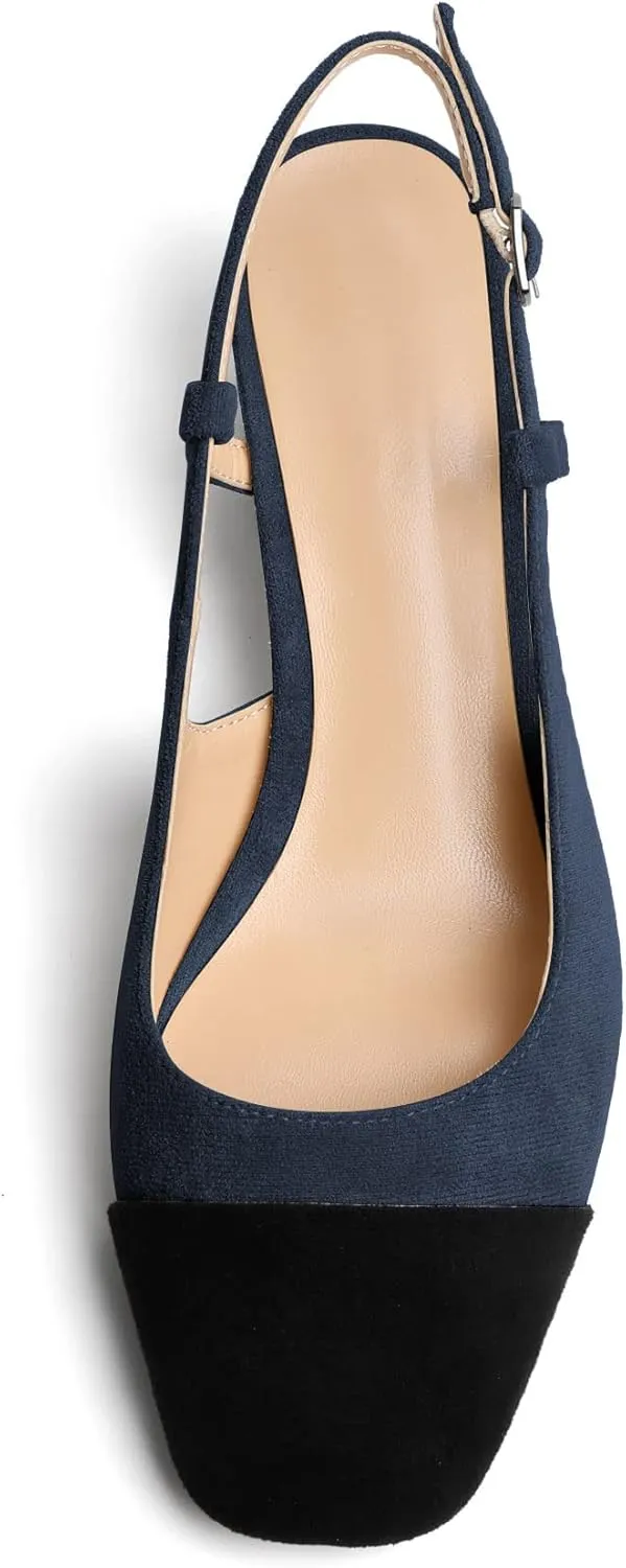Eldof Women's Slingback Heels Block Pumps Shoes with Square Toe Slip on Heels 2 Inches for Casual Work Daily Life Party