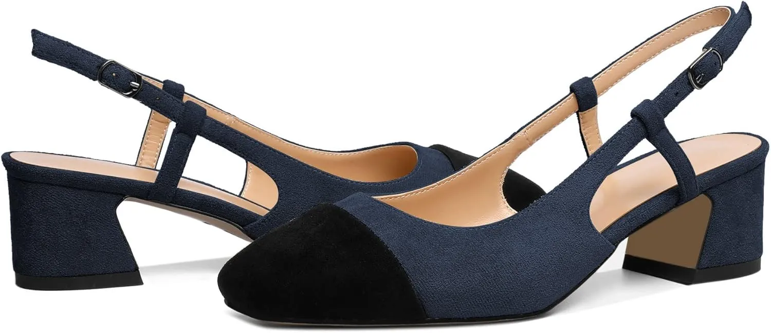 Eldof Women's Slingback Heels Block Pumps Shoes with Square Toe Slip on Heels 2 Inches for Casual Work Daily Life Party
