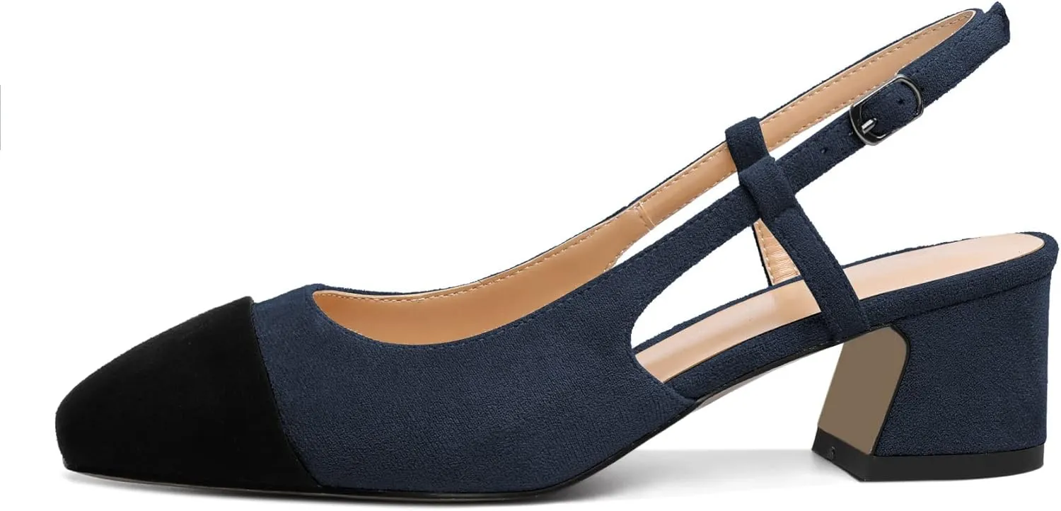 Eldof Women's Slingback Heels Block Pumps Shoes with Square Toe Slip on Heels 2 Inches for Casual Work Daily Life Party