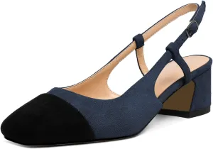 Eldof Women's Slingback Heels Block Pumps Shoes with Square Toe Slip on Heels 2 Inches for Casual Work Daily Life Party