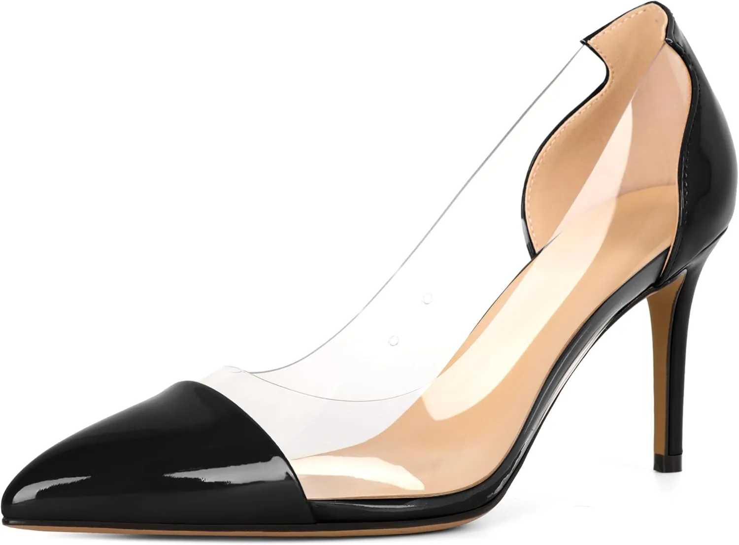 Eldof Women's Stilettos Pumps Pointed Toe Clear Transparent PVC Vamp High Heels Slip on 3 Inch Wedding Dressy Work Shoes