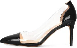Eldof Women's Stilettos Pumps Pointed Toe Clear Transparent PVC Vamp High Heels Slip on 3 Inch Wedding Dressy Work Shoes