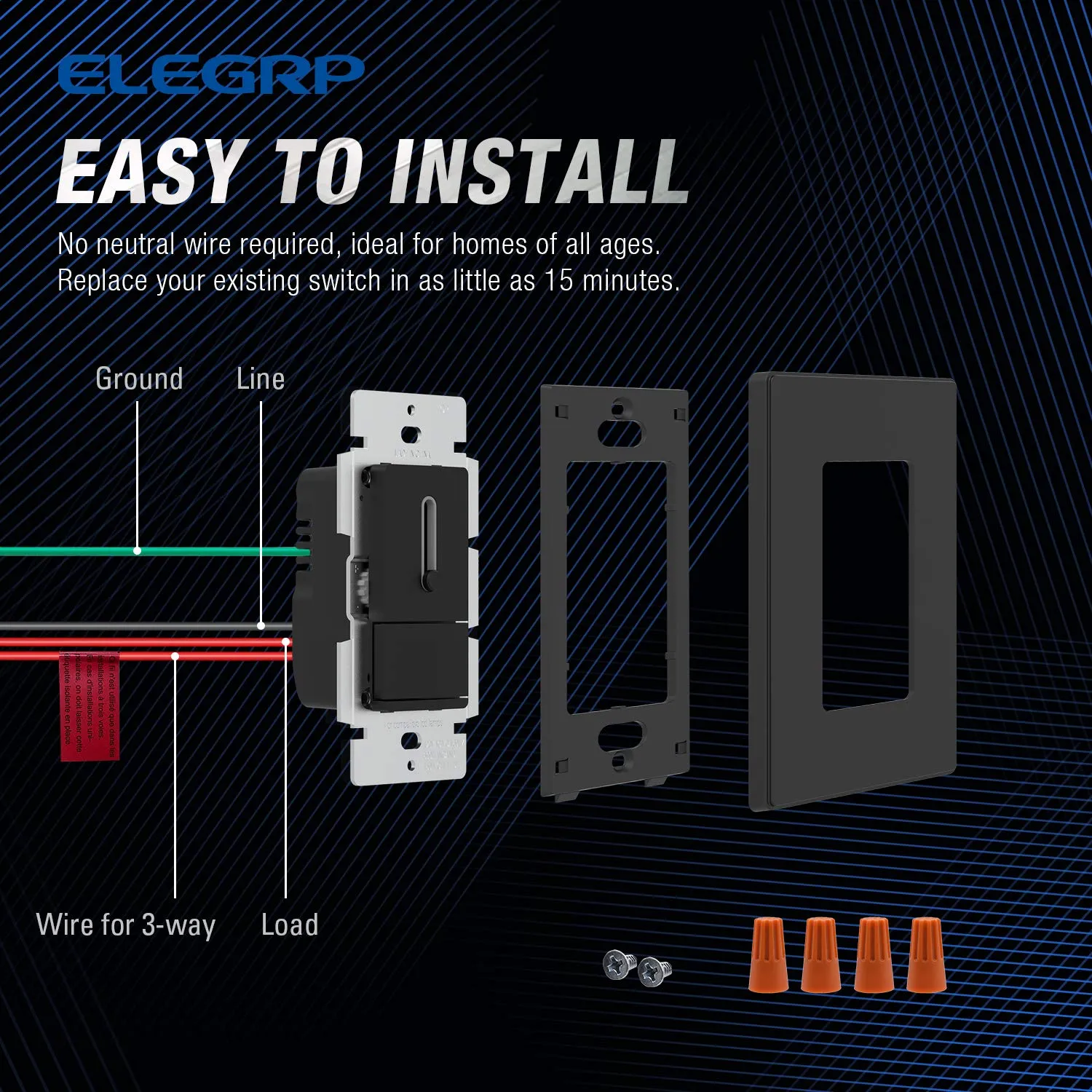 ELEGRP Slide Dimmer Switch for Dimmable LED, CFL and Incandescent Light Lamp Bulbs, Single Pole or 3-Way, Full Control with Preset, Rocker Paddle, Wall Plate Included, UL Listed (1 Pack, Matte Black)