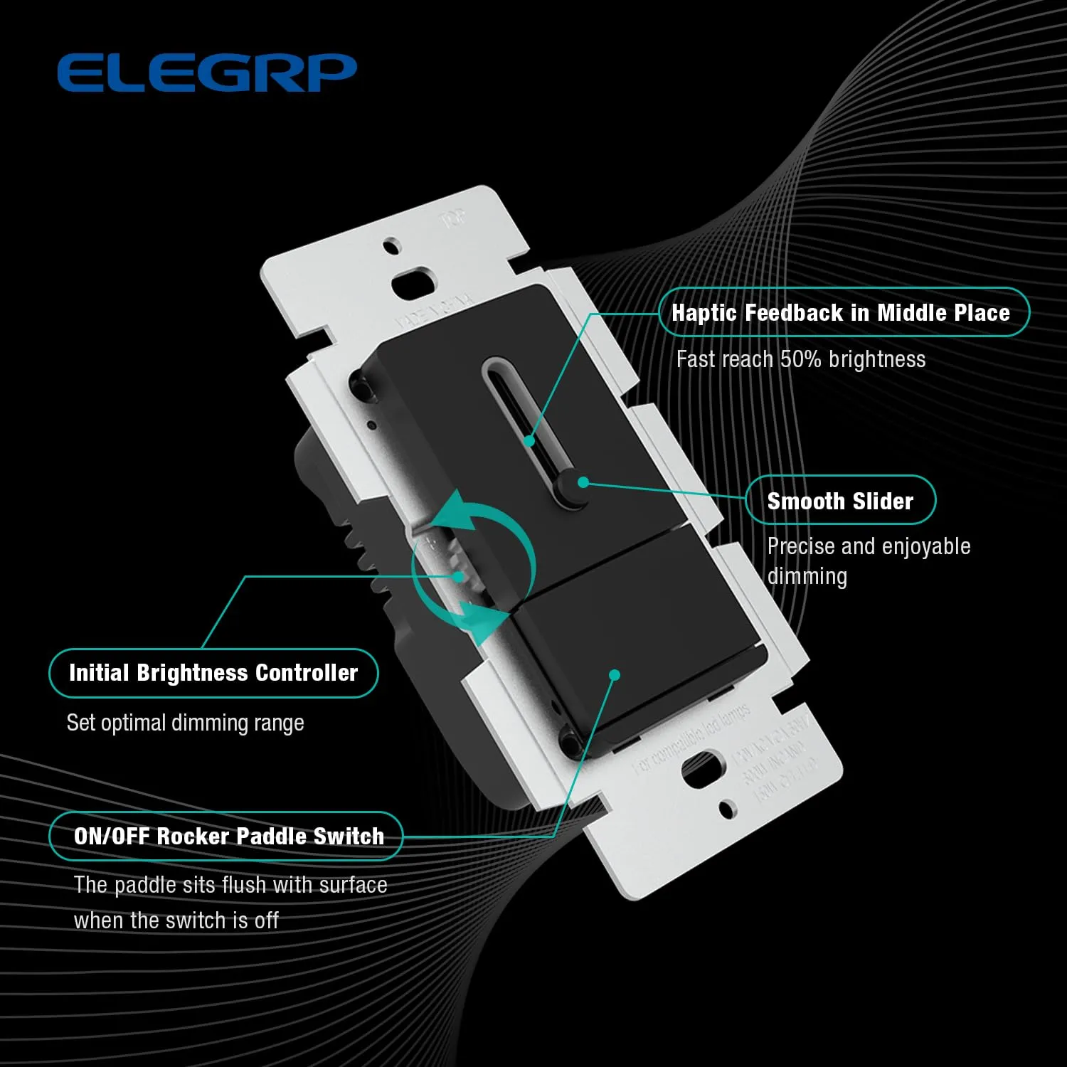 ELEGRP Slide Dimmer Switch for Dimmable LED, CFL and Incandescent Light Lamp Bulbs, Single Pole or 3-Way, Full Control with Preset, Rocker Paddle, Wall Plate Included, UL Listed (2 Pack, Matte Black)