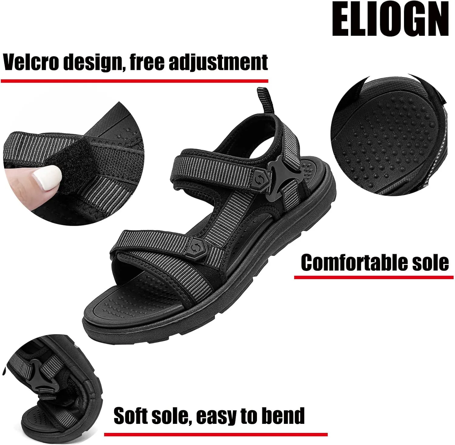 Eliogn Men's Sports Sandals Arch Support Open Toe Trail Outdoor Hiking Sandals Beach Sandals Summer Water Shoes