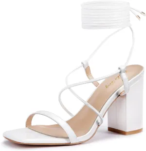 Elisabet Tang Women's Strappy Chunky Heels Sandals, 3 inch Low Block Heels Lace Up Ankle Wrap Heel Square Open Toe Tie Up Heeled Sandals Shoes