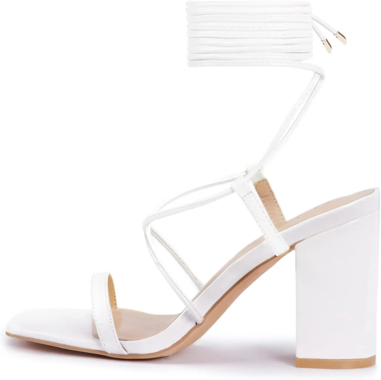 Elisabet Tang Women's Strappy Chunky Heels Sandals, 3 inch Low Block Heels Lace Up Ankle Wrap Heel Square Open Toe Tie Up Heeled Sandals Shoes