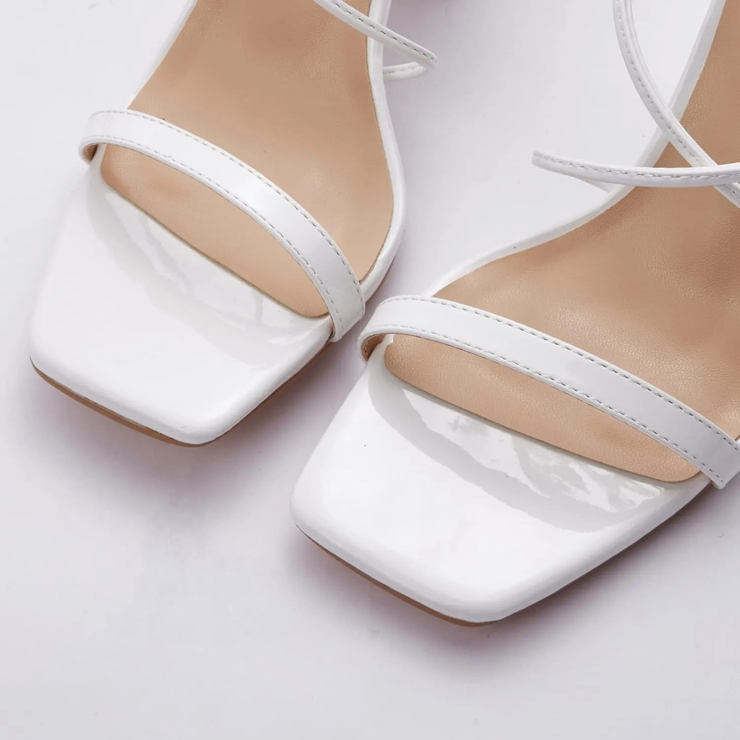 Elisabet Tang Women's Strappy Chunky Heels Sandals, 3 inch Low Block Heels Lace Up Ankle Wrap Heel Square Open Toe Tie Up Heeled Sandals Shoes
