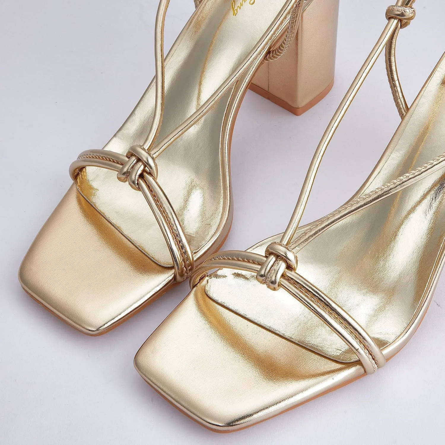 Elisabet Tang Women's Strappy Chunky Heels Sandals, 3 inch Low Block Heels Lace Up Ankle Wrap Heels Square Open Toe Tie Up Heeled Sandals Shoes