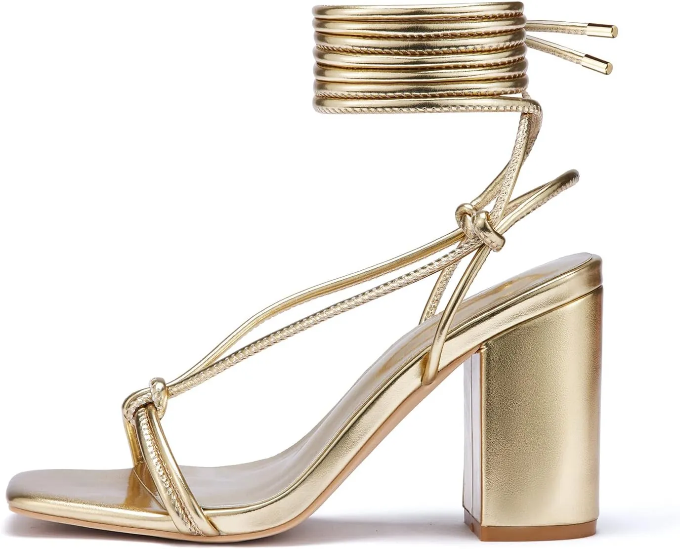 Elisabet Tang Women's Strappy Chunky Heels Sandals, 3 inch Low Block Heels Lace Up Ankle Wrap Heels Square Open Toe Tie Up Heeled Sandals Shoes