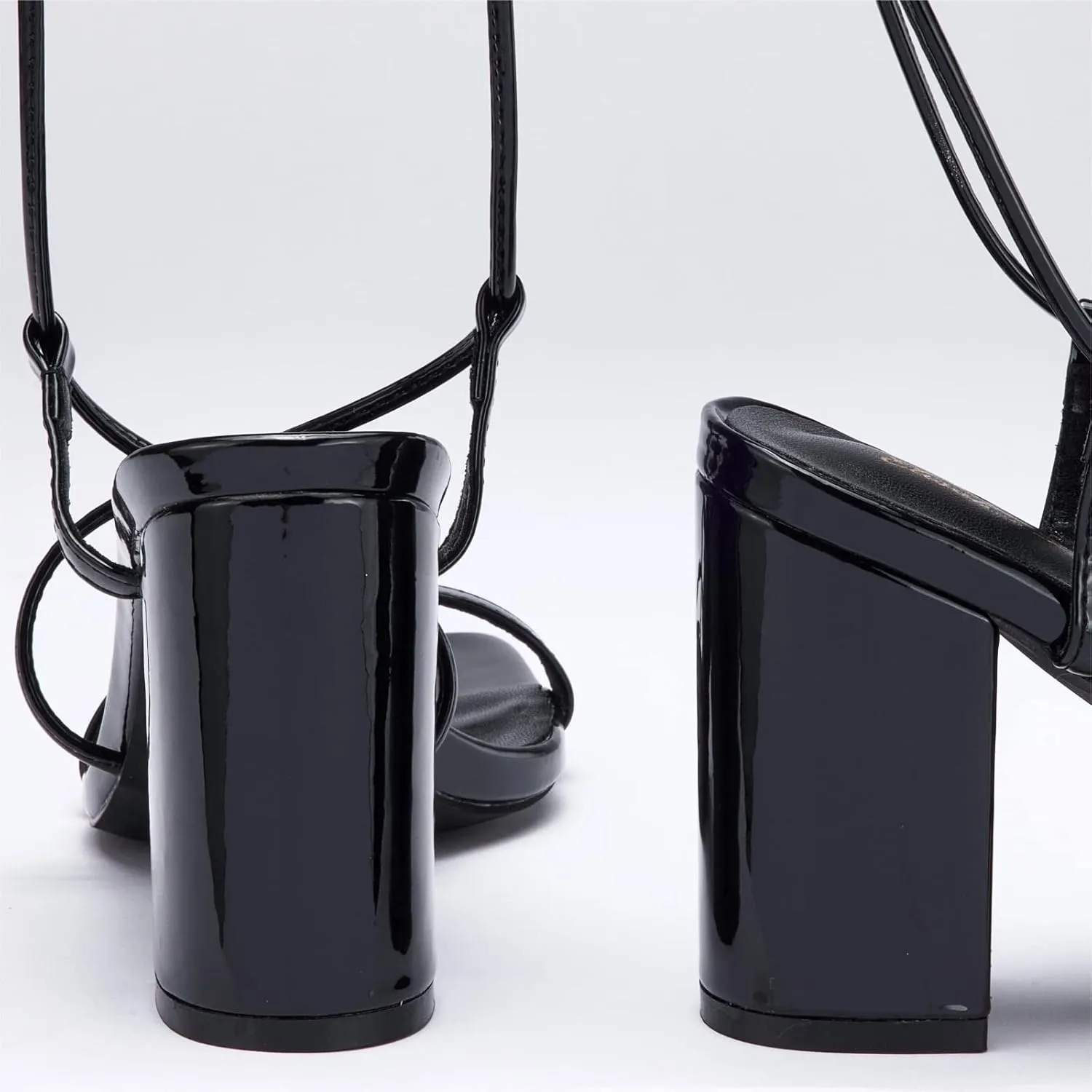Elisabet Tang Women's Strappy Chunky Heels Sandals, 3 inch Low Block Heels Lace Up Ankle Wrap Heels Square Open Toe Tie Up Heeled Sandals Shoes