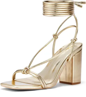 Elisabet Tang Women's Strappy Chunky Heels Sandals, 3 inch Low Block Heels Lace Up Ankle Wrap Heels Square Open Toe Tie Up Heeled Sandals Shoes