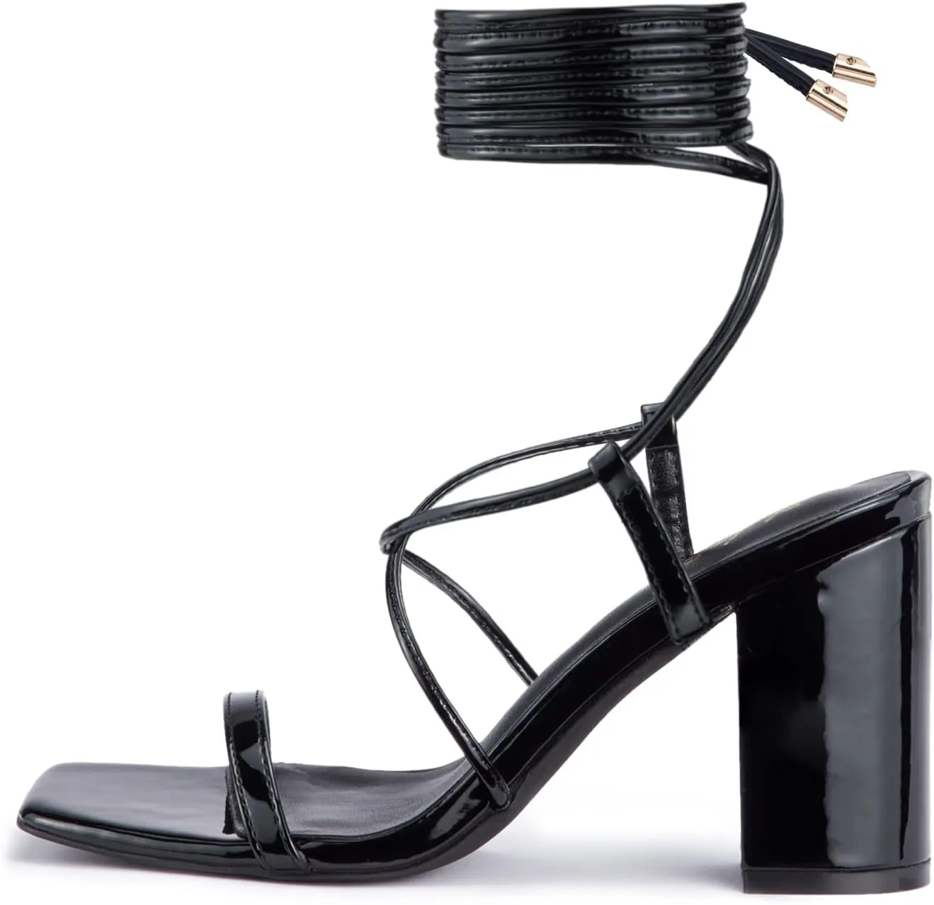 Elisabet Tang Women's Strappy Chunky Heels Sandals, 3 inch Low Block Heels Lace Up Ankle Wrap Heels Square Open Toe Tie Up Heeled Sandals Shoes