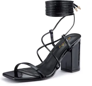 Elisabet Tang Women's Strappy Chunky Heels Sandals, 3 inch Low Block Heels Lace Up Ankle Wrap Heels Square Open Toe Tie Up Heeled Sandals Shoes