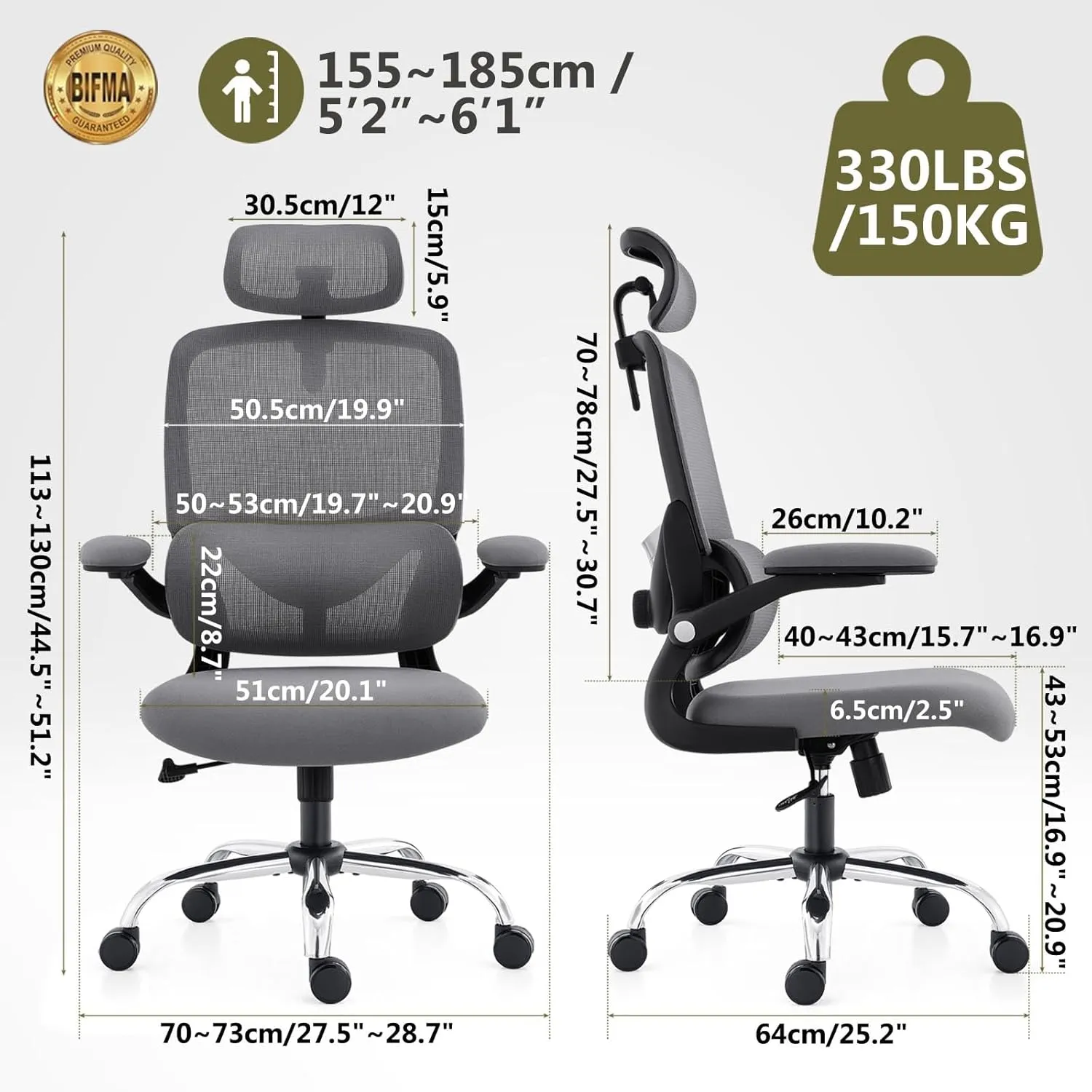 Ergonomic Home Office Chair with Mesh High Back, Adjustable Lumbar Support, Flip-up Armrest, Removable Headrest, Swivel Wheel, Space Saving, 330LBS (Black Grey)