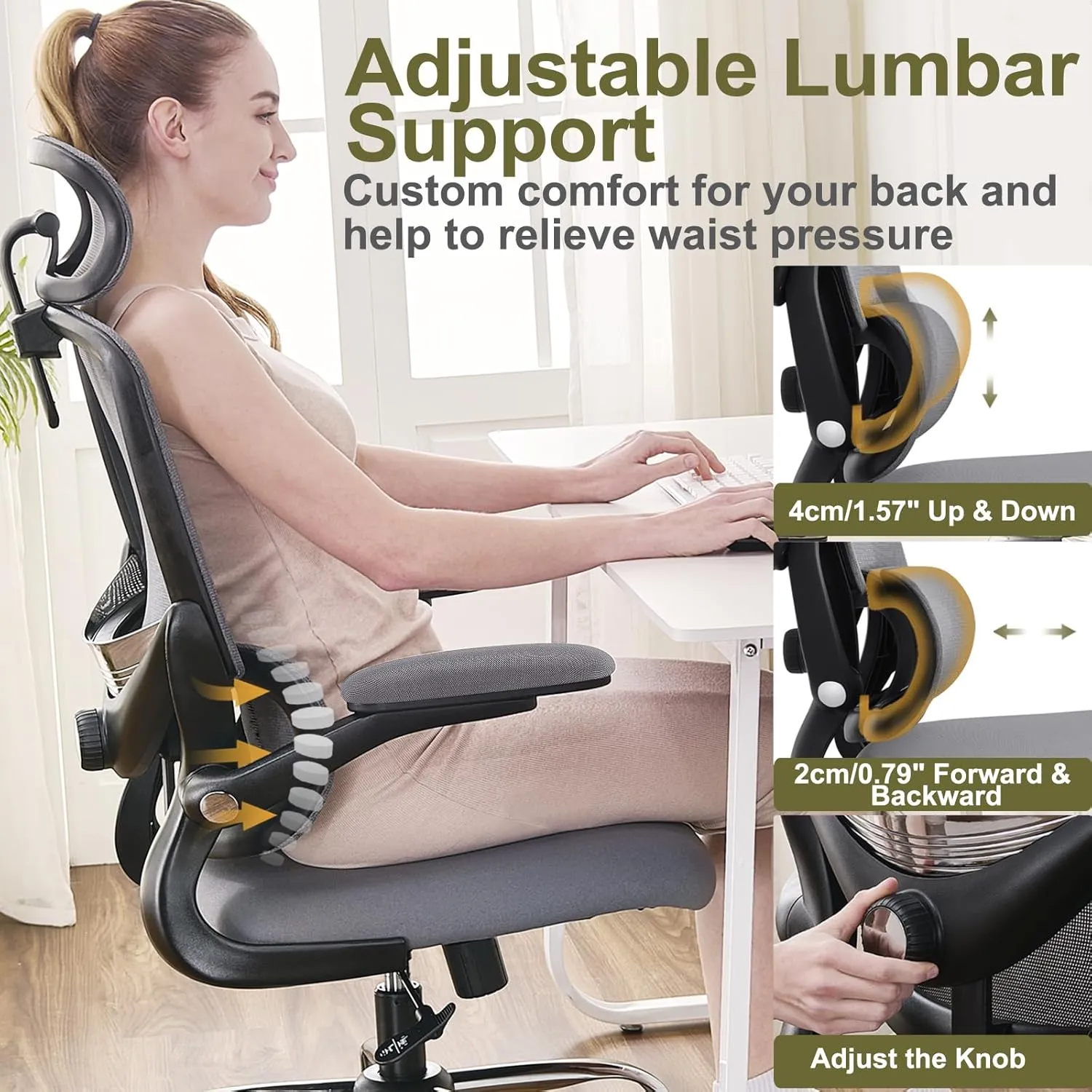 Ergonomic Home Office Chair with Mesh High Back, Adjustable Lumbar Support, Flip-up Armrest, Removable Headrest, Swivel Wheel, Space Saving, 330LBS (Black Grey)