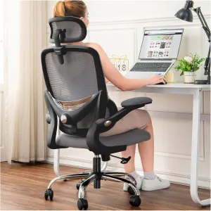 Ergonomic Home Office Chair with Mesh High Back, Adjustable Lumbar Support, Flip-up Armrest, Removable Headrest, Swivel Wheel, Space Saving, 330LBS (Black Grey)