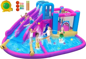 FBSPORT Inflatable Bounce House Double Slide, Water Slide Park Bouncer Castle with Water Gun, Climbing Wall, Jumping and Splash Pool, Kids Bouncy Castle with 550W Air Blower for Outdoor Backyard