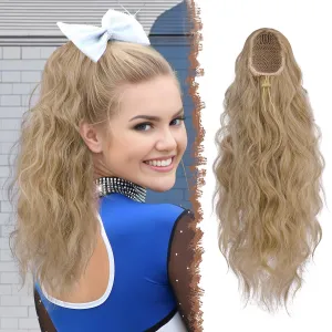 FESHFEN Cheer Ponytail Extensions, 18 inch Long Curly Wavy Drawstring Ponytails Synthetic Pony Tail Hairpieces for Women, Brown Blonde