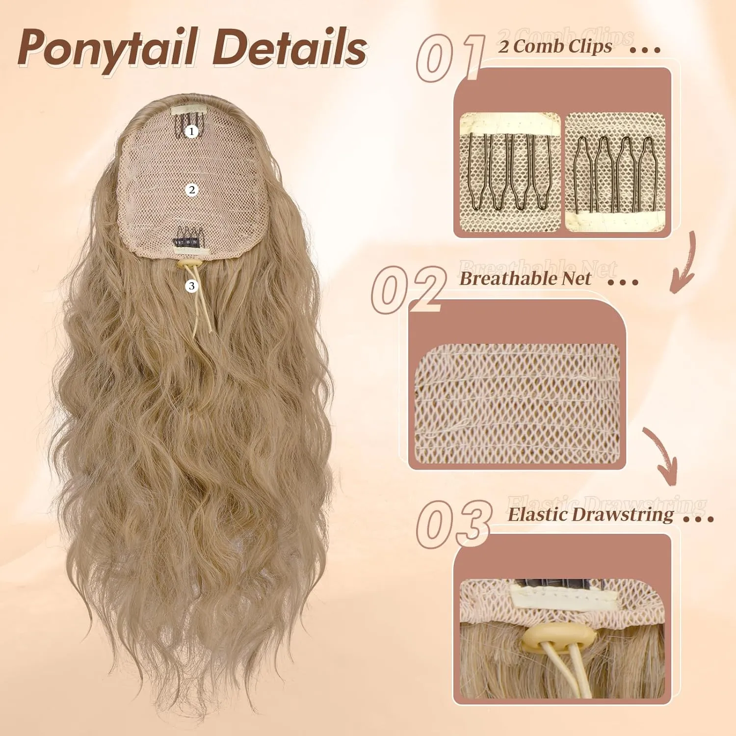 FESHFEN Cheer Ponytail Extensions, 18 inch Long Curly Wavy Drawstring Ponytails Synthetic Pony Tail Hairpieces for Women, Brown Blonde
