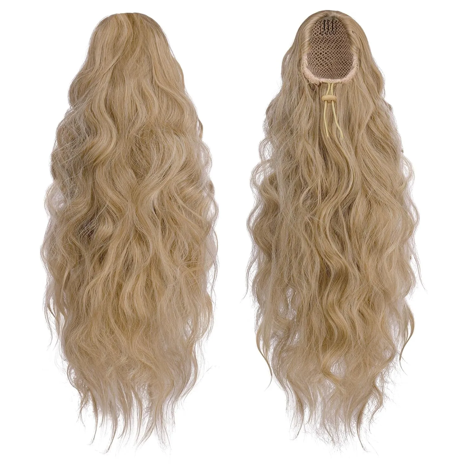 FESHFEN Cheer Ponytail Extensions, 18 inch Long Curly Wavy Drawstring Ponytails Synthetic Pony Tail Hairpieces for Women, Brown Blonde