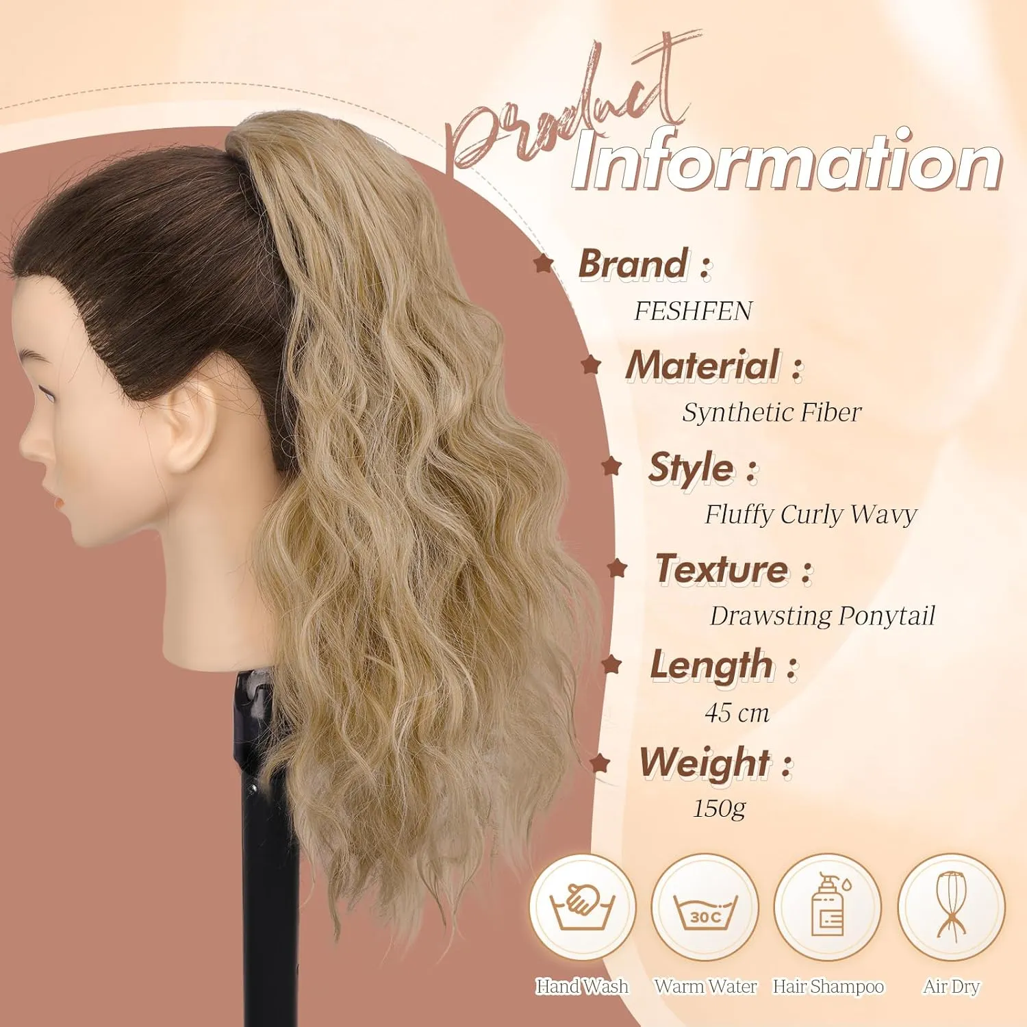 FESHFEN Cheer Ponytail Extensions, 18 inch Long Curly Wavy Drawstring Ponytails Synthetic Pony Tail Hairpieces for Women, Brown Blonde
