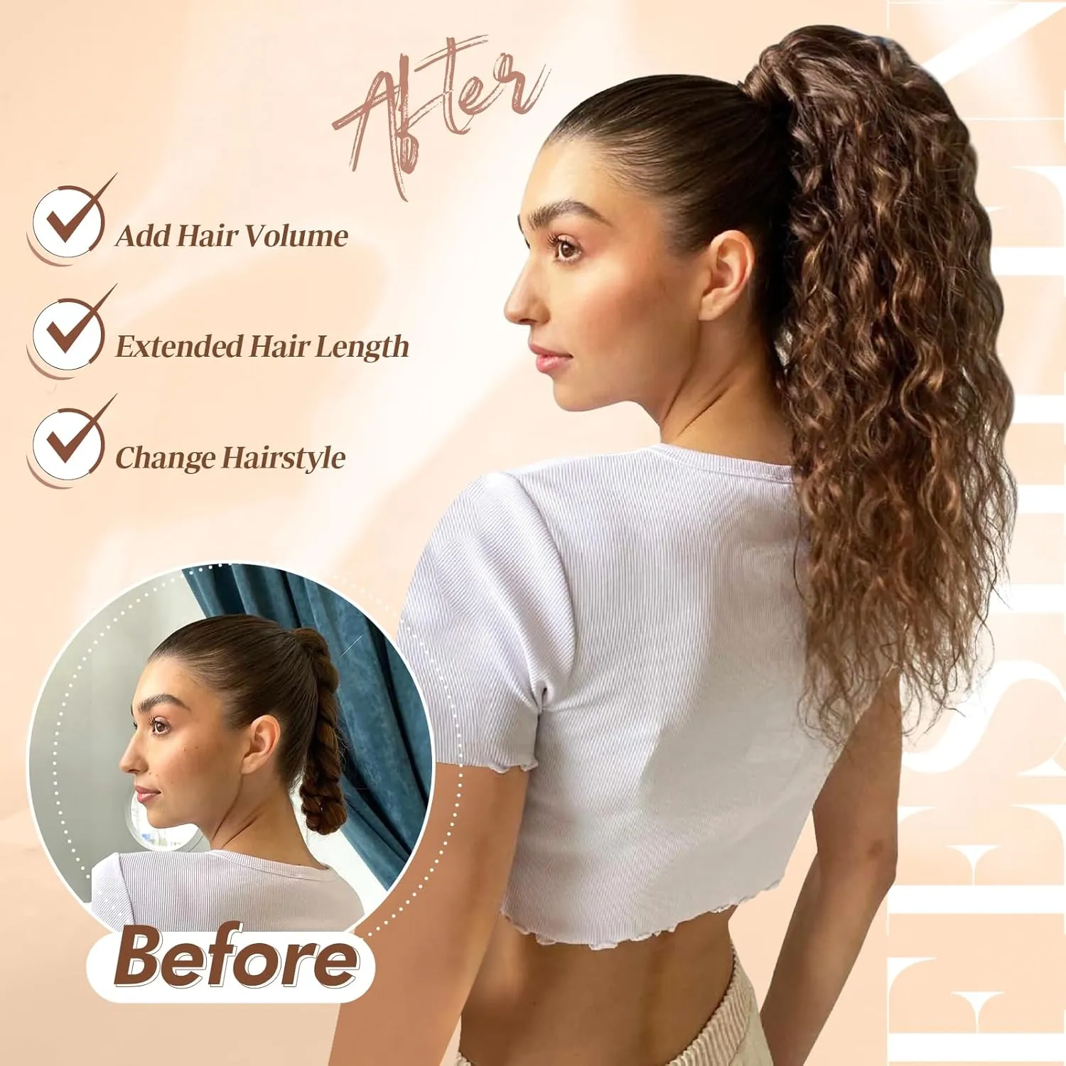 FESHFEN Cheer Ponytail Extensions, 18 inch Long Curly Wavy Drawstring Ponytails Synthetic Pony Tail Hairpieces for Women, Brown Blonde