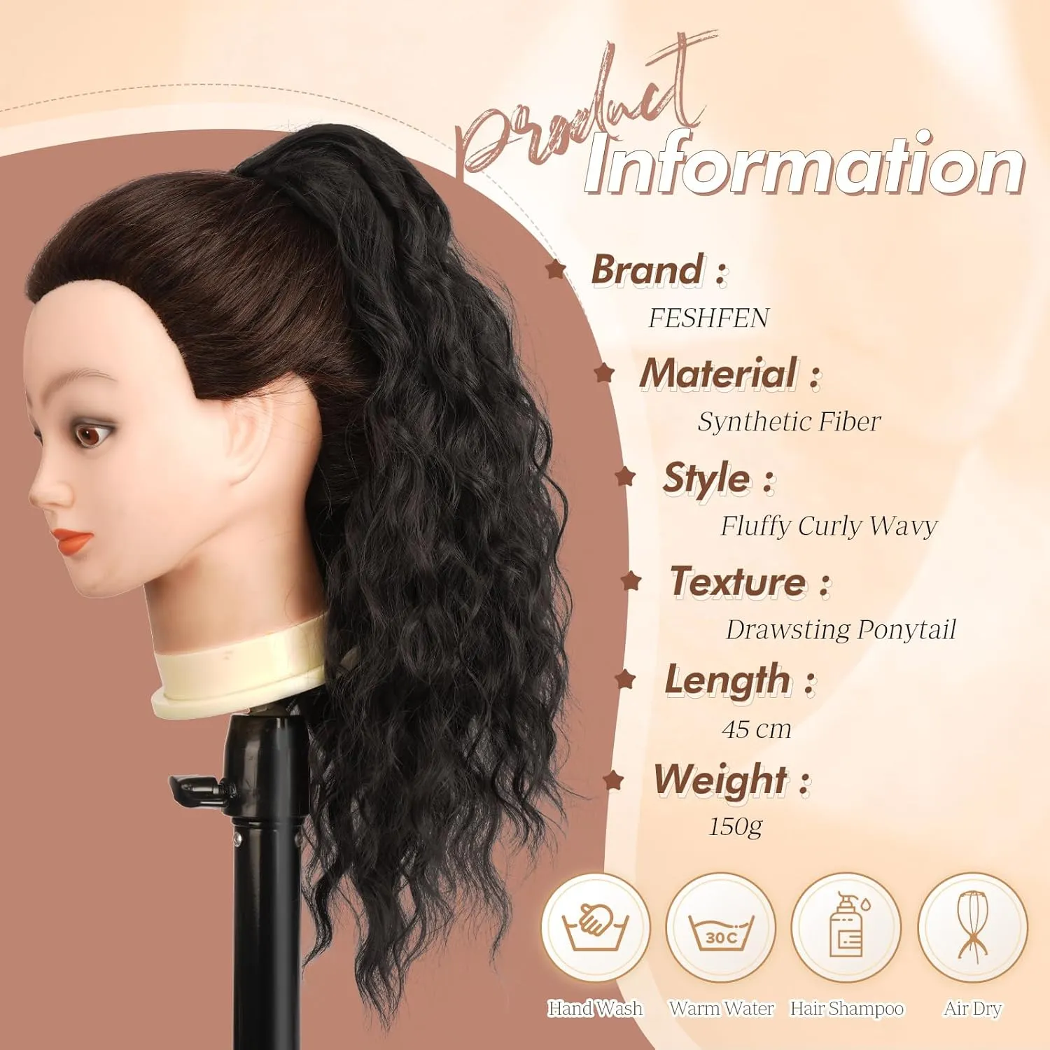FESHFEN Ponytail Extensions, Long Curly Wavy Drawstring Ponytails Synthetic Pony Tail Hairpieces for Women, 18 inch Natural Black