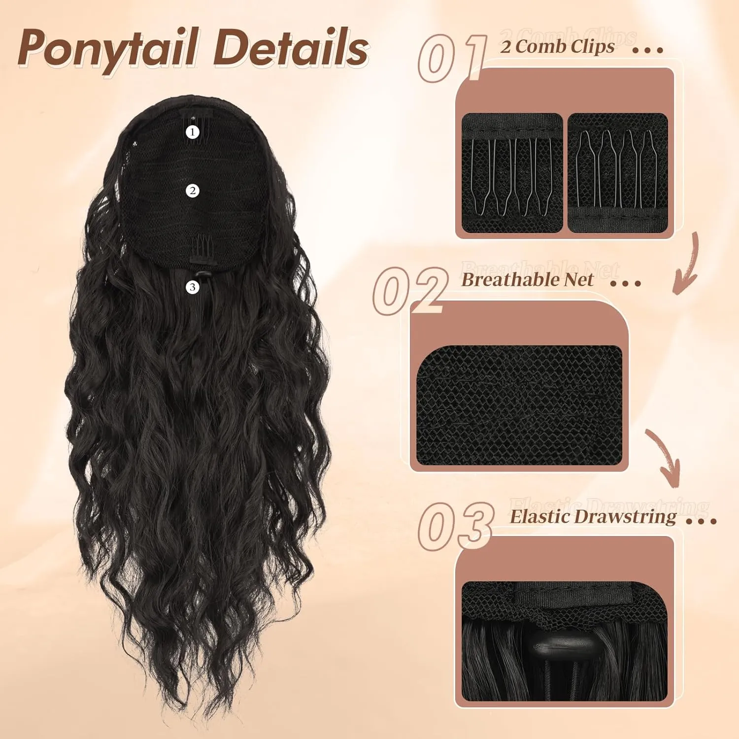 FESHFEN Ponytail Extensions, Long Curly Wavy Drawstring Ponytails Synthetic Pony Tail Hairpieces for Women, 18 inch Natural Black