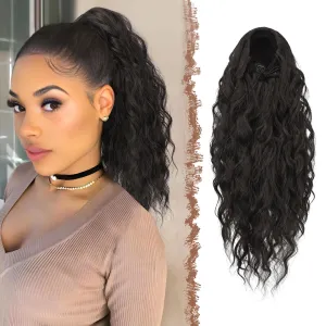 FESHFEN Ponytail Extensions, Long Curly Wavy Drawstring Ponytails Synthetic Pony Tail Hairpieces for Women, 18 inch Natural Black