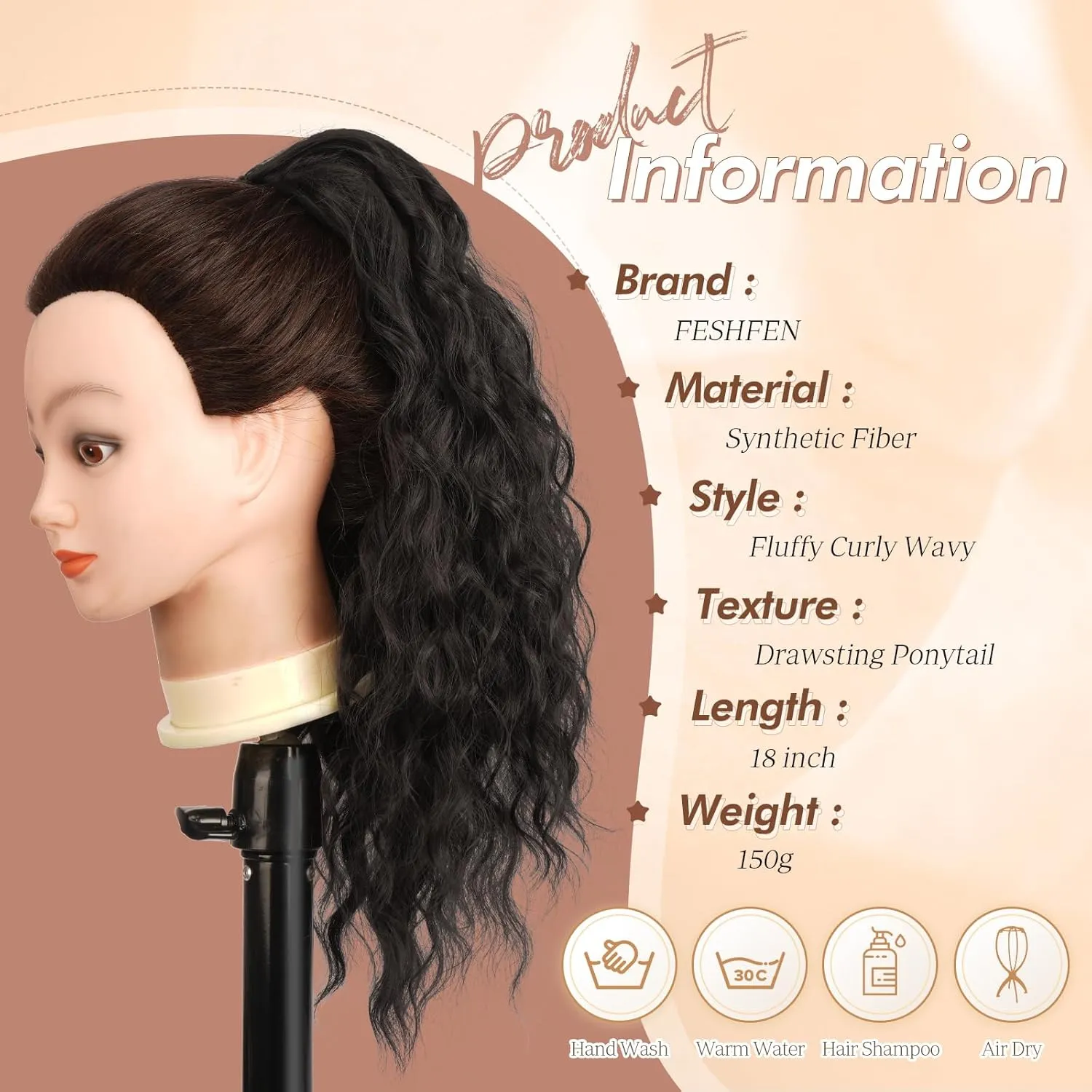 FESHFEN Ponytail Extensions, Long Curly Wavy Drawstring Ponytails Synthetic Pony Tail Hairpieces for Women, 18 inch Natural Black
