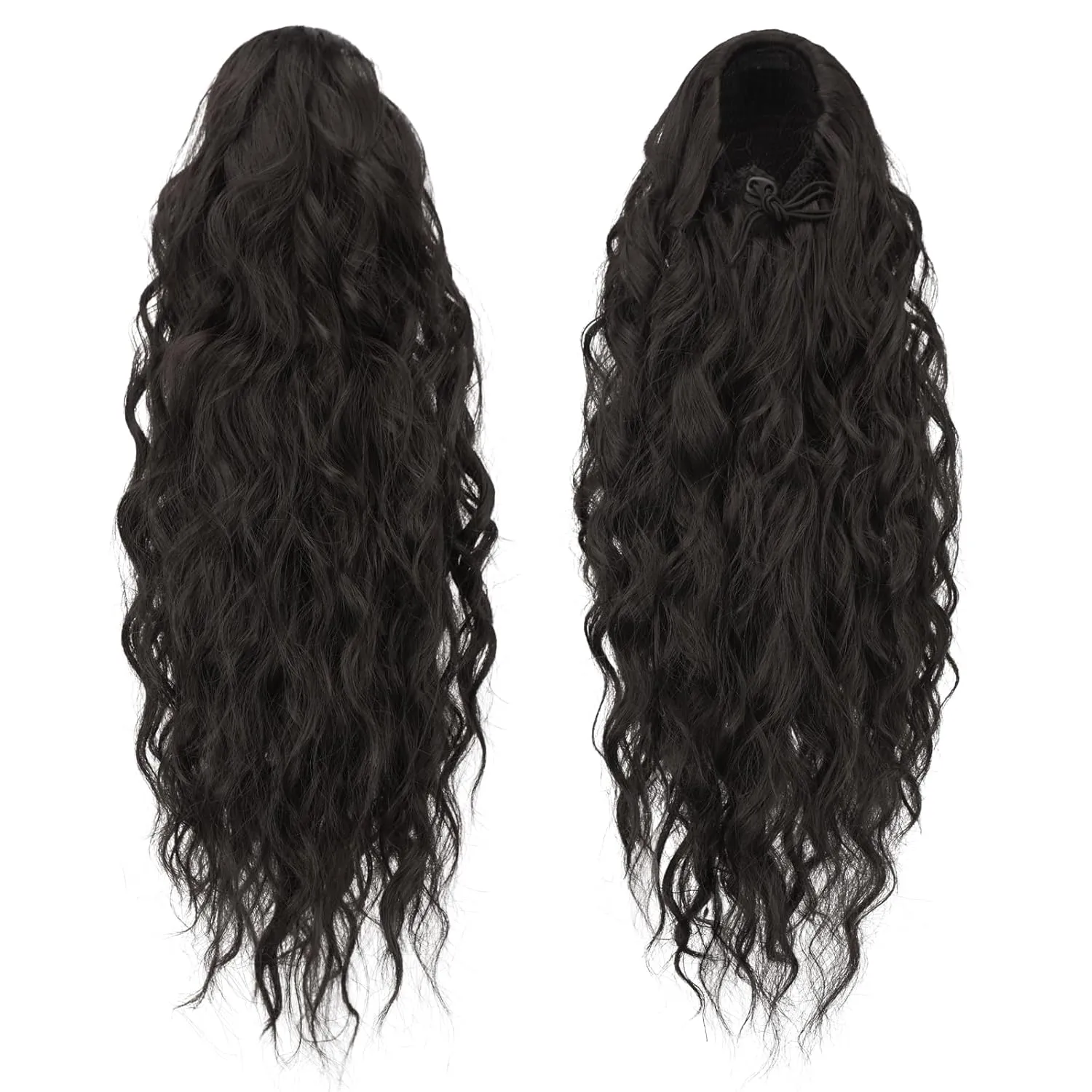 FESHFEN Ponytail Extensions, Long Curly Wavy Drawstring Ponytails Synthetic Pony Tail Hairpieces for Women, 18 inch Natural Black