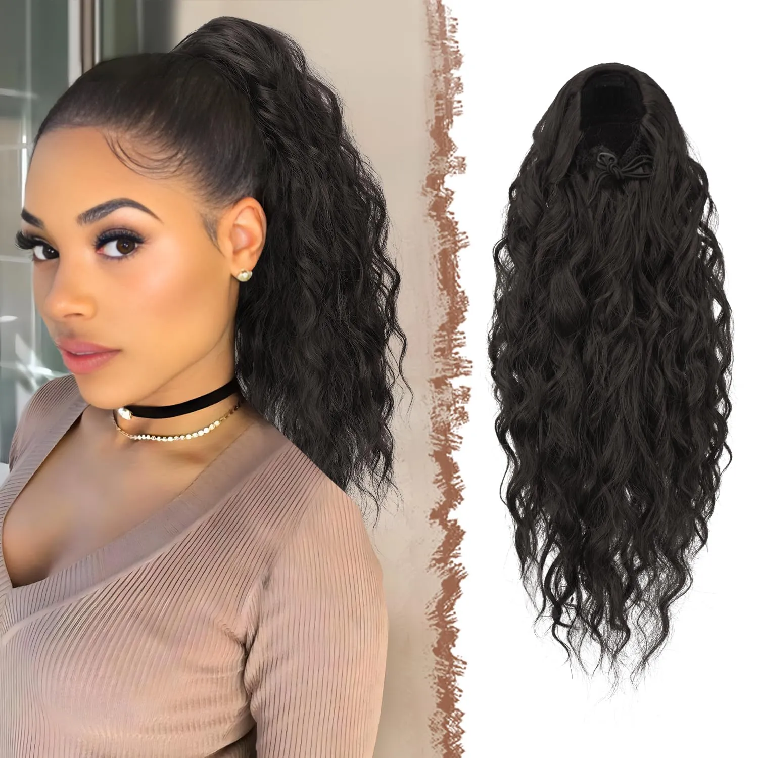 FESHFEN Ponytail Extensions, Long Curly Wavy Drawstring Ponytails Synthetic Pony Tail Hairpieces for Women, 18 inch Natural Black