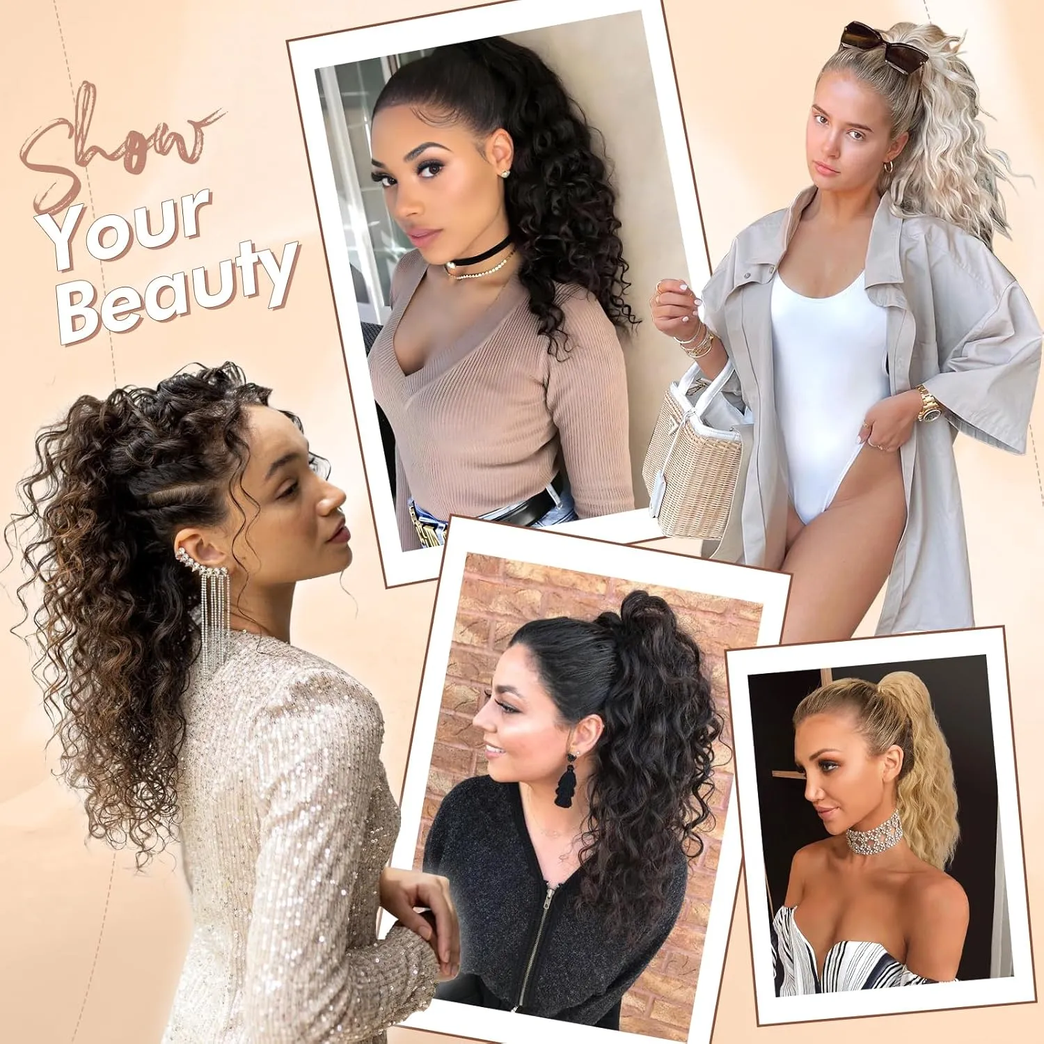 FESHFEN Ponytail Extensions, Long Curly Wavy Drawstring Ponytails Synthetic Pony Tail Hairpieces for Women, 18 inch Natural Black