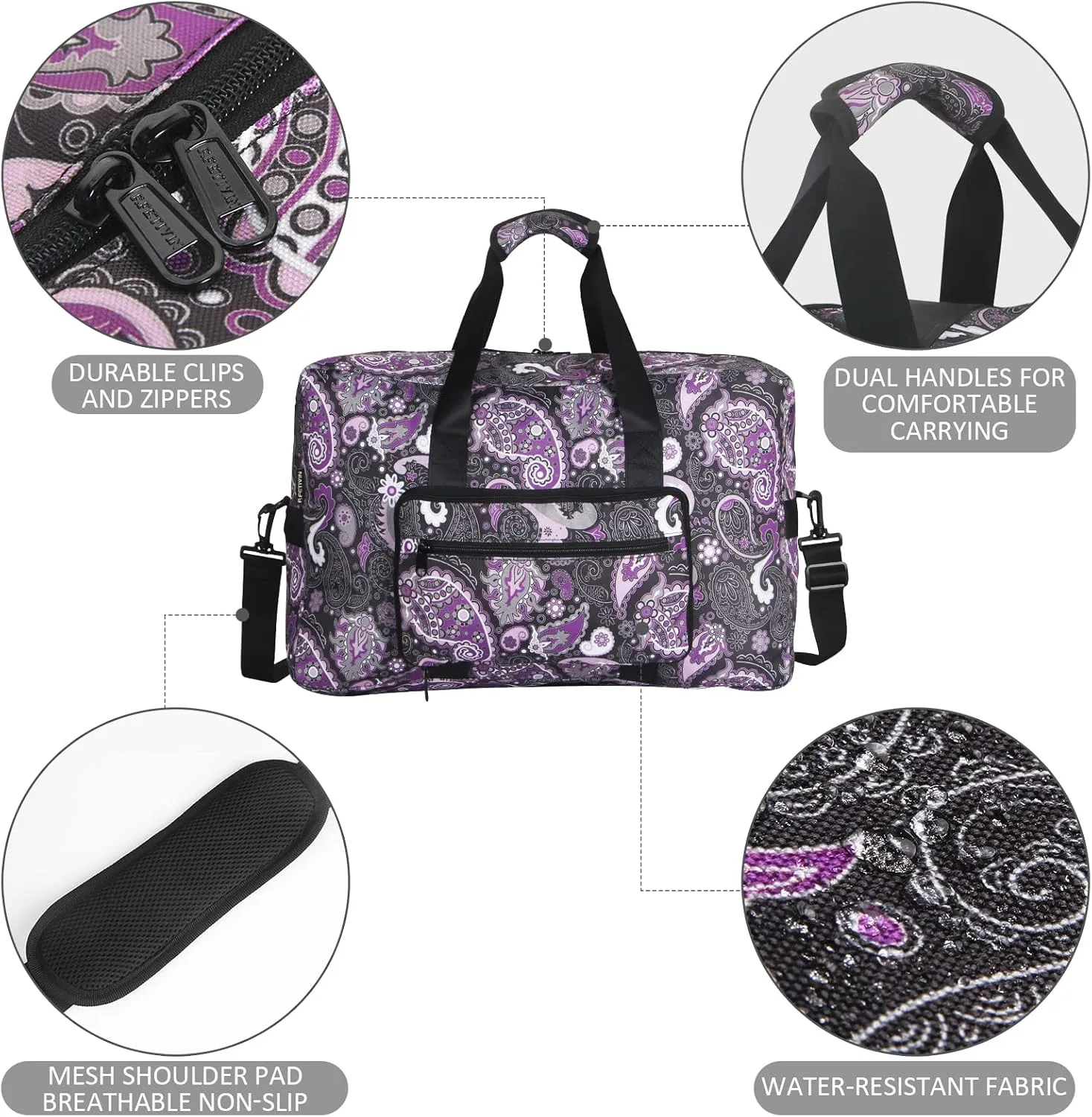 F.FETIVIN Weekender Bag Carry On Travel Duffle Medium Overnight Bag for Women(Purple Paisley)