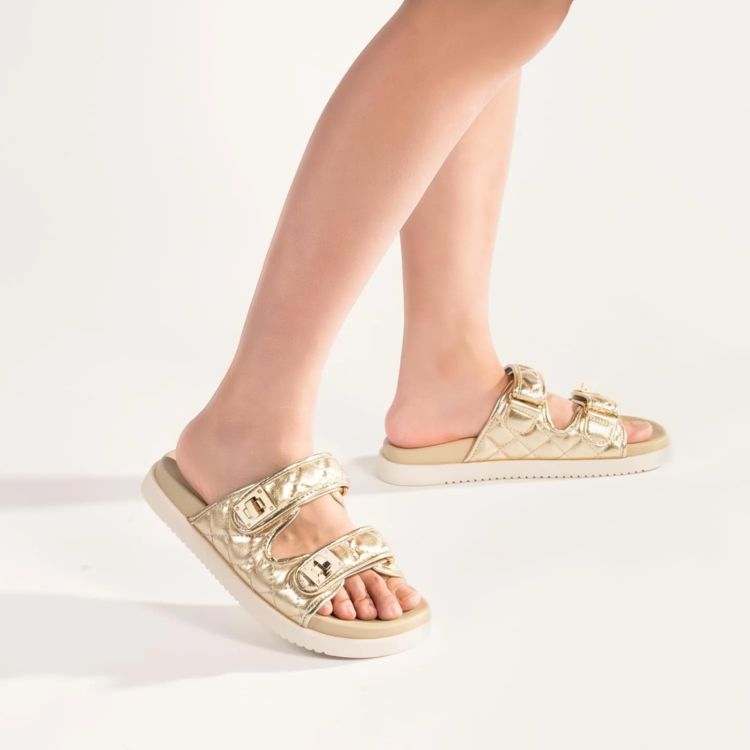 FITORY Women's Flat Sandals Classic Adjustable Double Strap with Cushioned Footbed for Summer Size 6-11