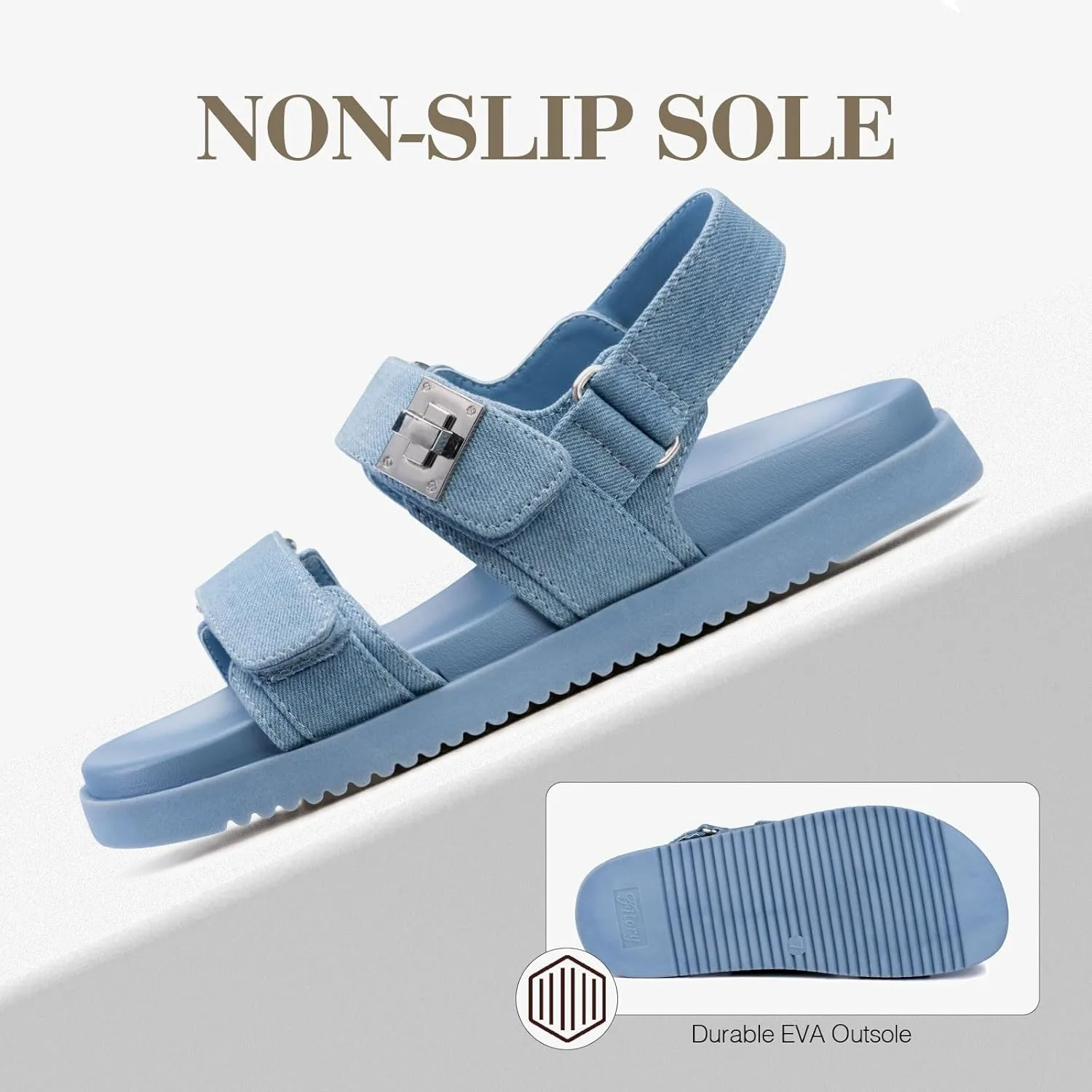 FITORY Women's Flat Sandals Classic Adjustable Double Strap with Cushioned Footbed for Summer Size 6-11