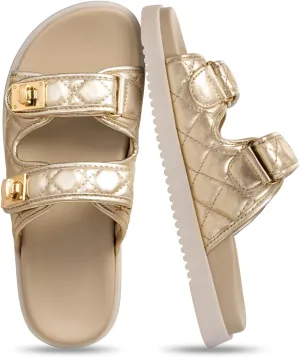 FITORY Women's Flat Sandals Classic Adjustable Double Strap with Cushioned Footbed for Summer Size 6-11
