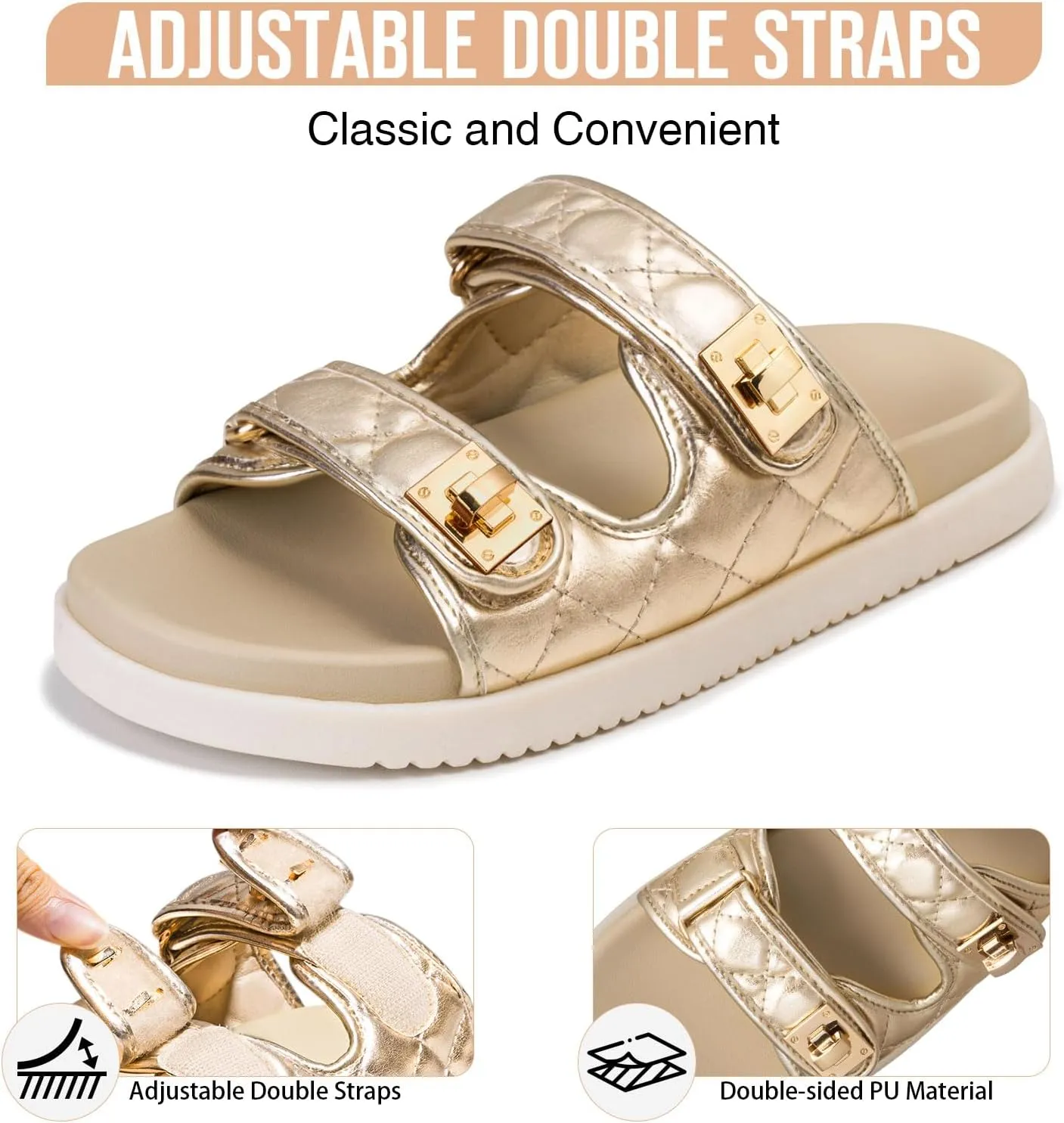 FITORY Women's Flat Sandals Classic Adjustable Double Strap with Cushioned Footbed for Summer Size 6-11