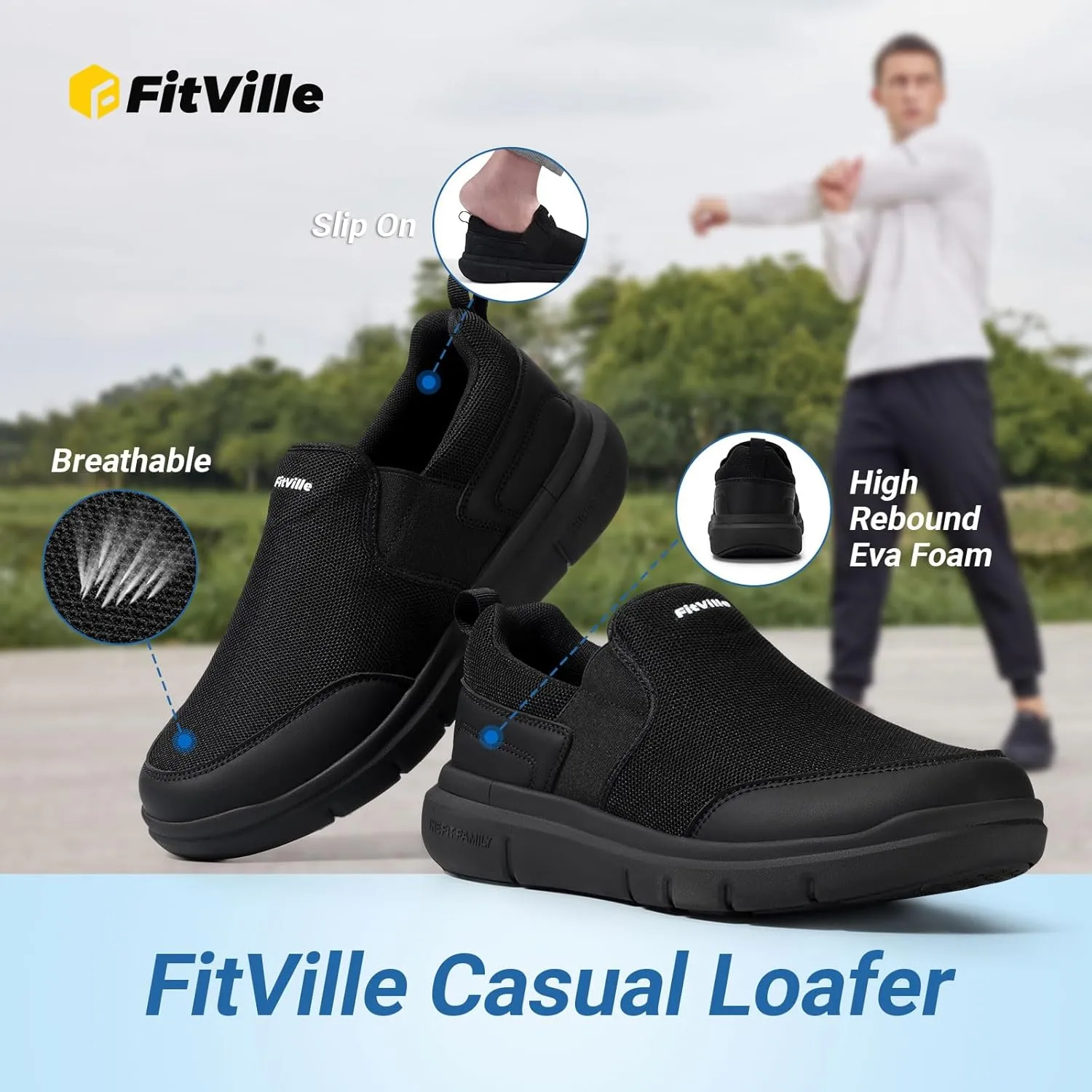 FitVille Men's Extra Wide Slip on Walking Shoes, Lightweight Non-Slip Breathable Casual Loafers for Standing All Day