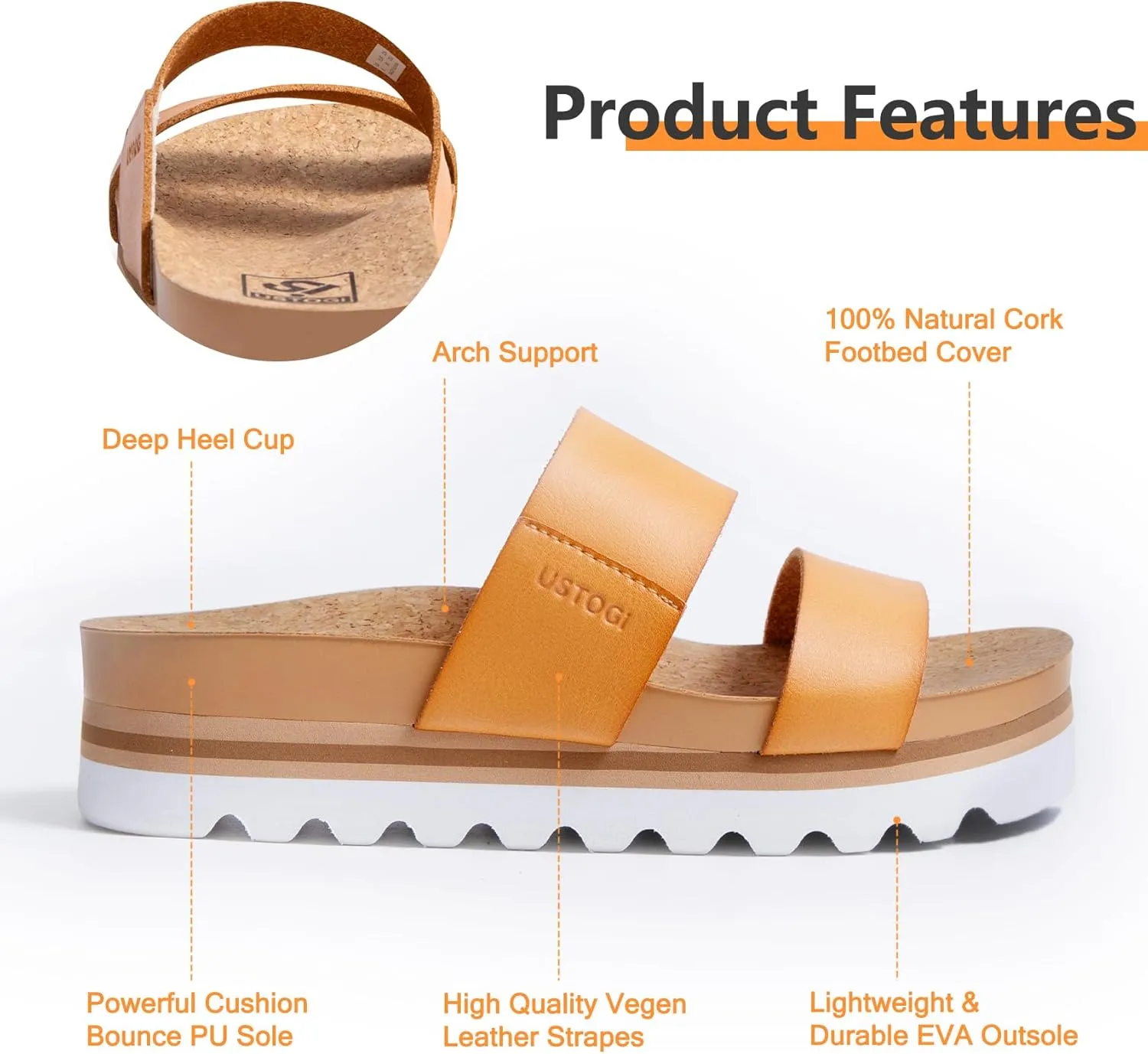 Flatform Platform Sandals Women Arch Support Beach Slides Orthotic Summer Causal Cork Footbed Adjustable Lightweight Thick Sole Comfortable Fashion Slip on Cushion Cute 2 Strap