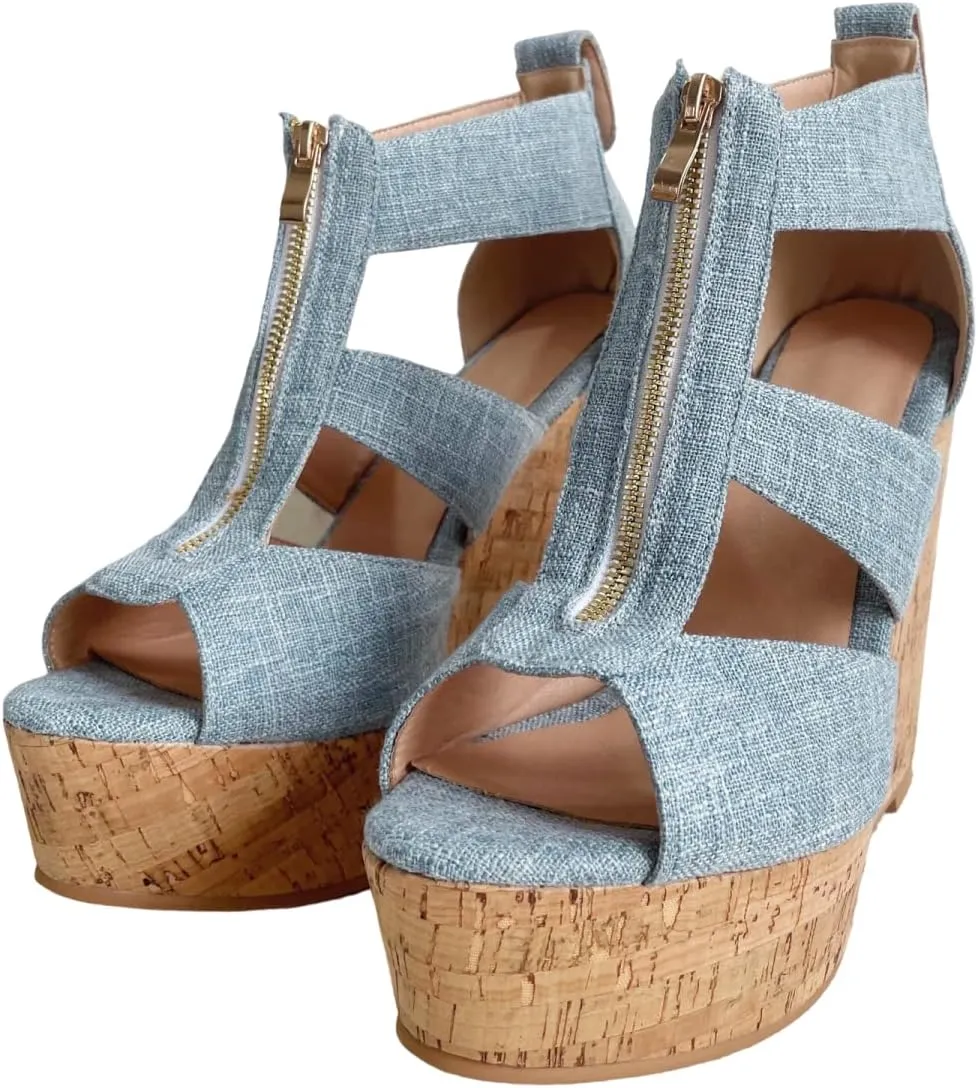 Frankie Hsu Sexy Lovely Casual Platform Wedge Sandal, Cute Blue Denim Long Zip High heeled Oak Wood Style, Designer Large Big Size Shoes For Women