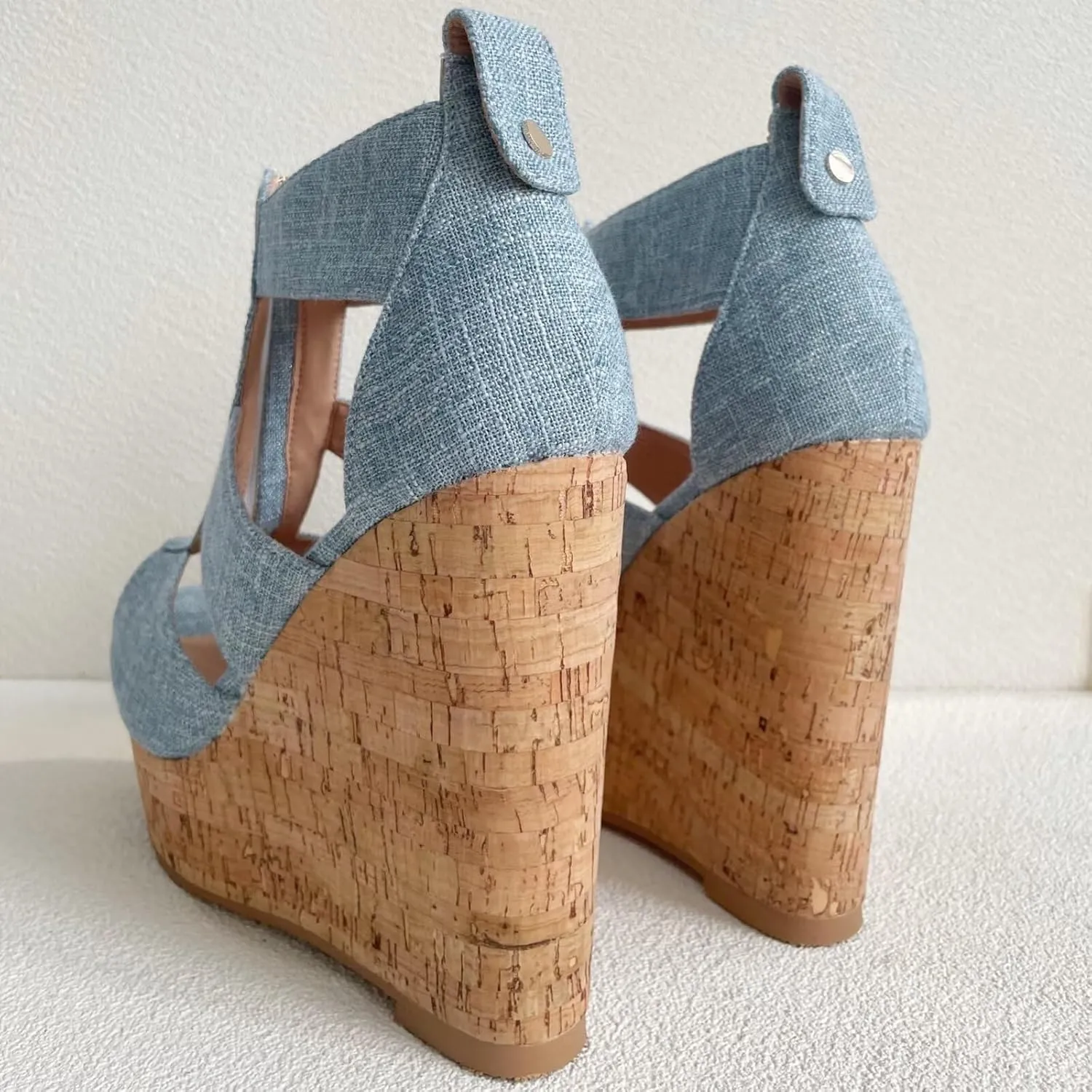 Frankie Hsu Sexy Lovely Casual Platform Wedge Sandal, Cute Blue Denim Long Zip High heeled Oak Wood Style, Designer Large Big Size Shoes For Women